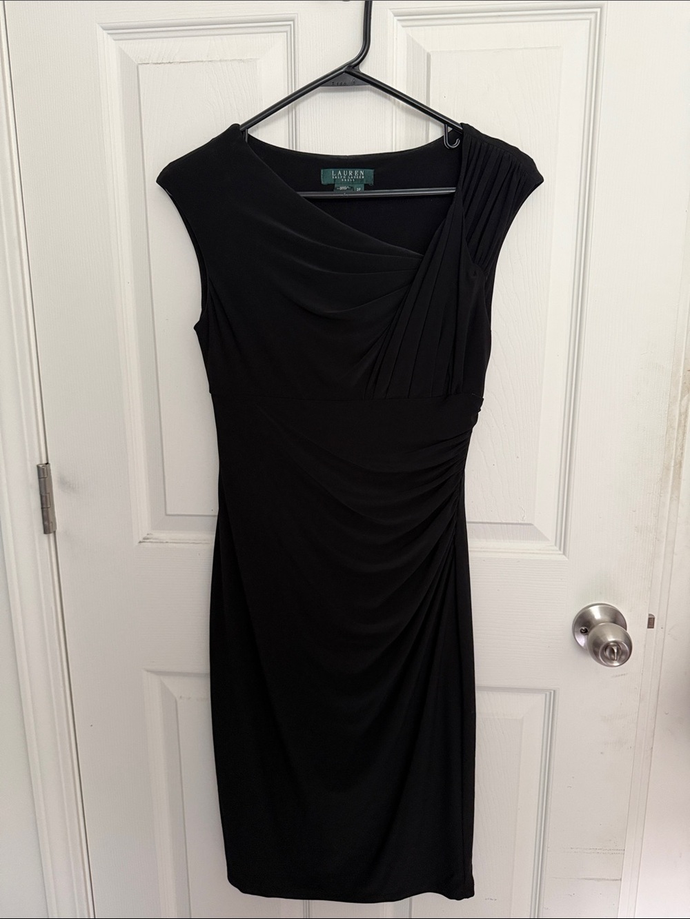 Lauren Ralph Lauren Petite 2P Black Cap-Sleeve Draped Sheath Dress